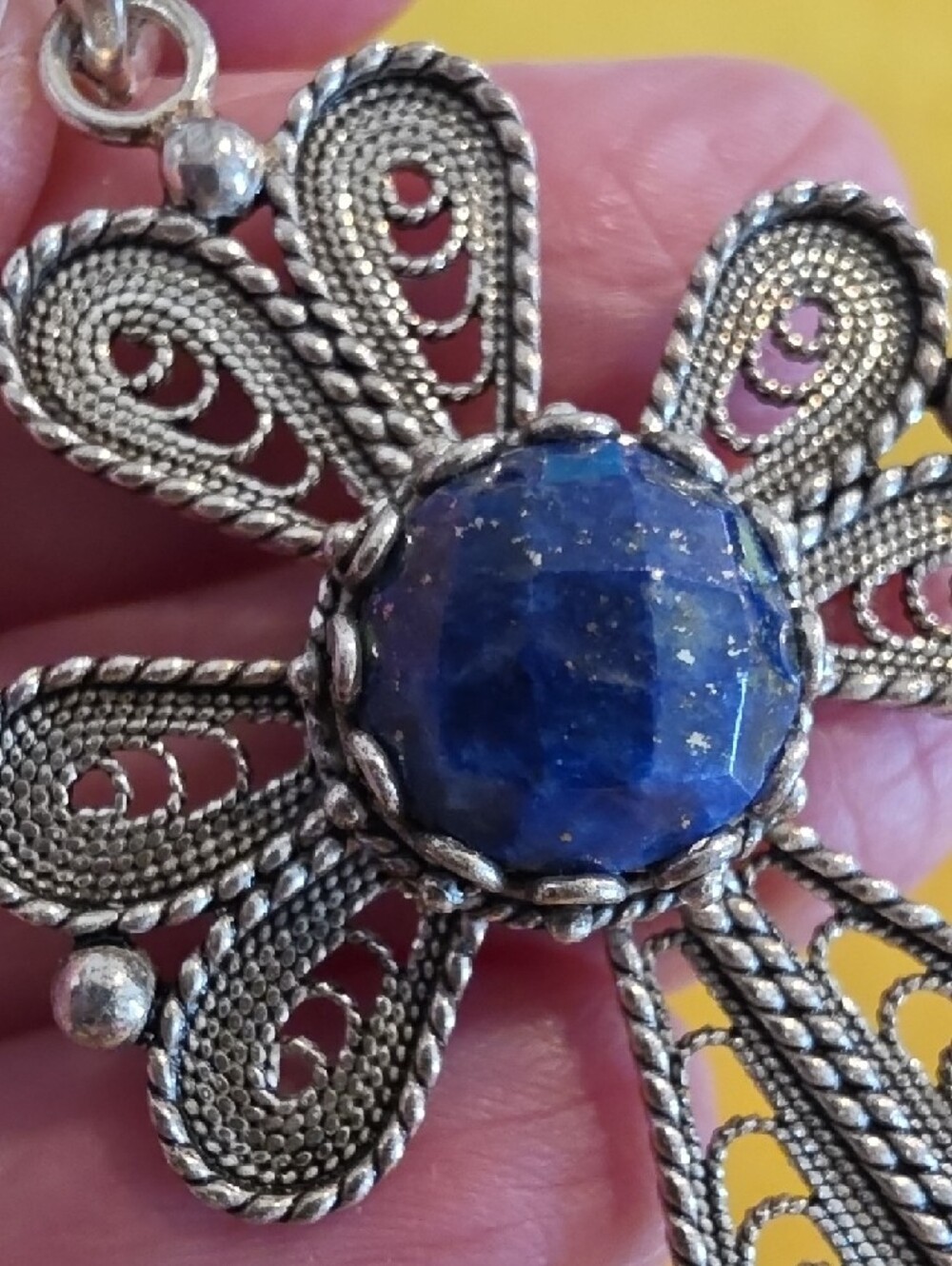 Vintage Turkish Telkari 925 Silver Filigree Cross Pendant w Faceted Lapis Lazuli